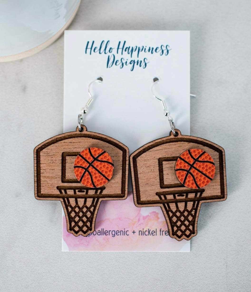 Basketball Goal with 3D Basketball Dangles - Sports Earrings