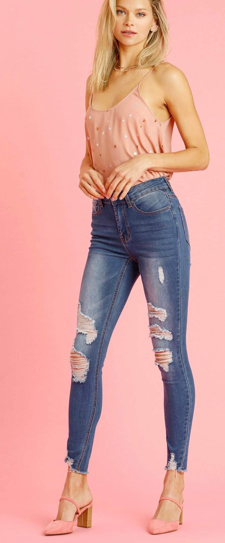 Umgee High Rise 5 Pocket Distressed Jeans