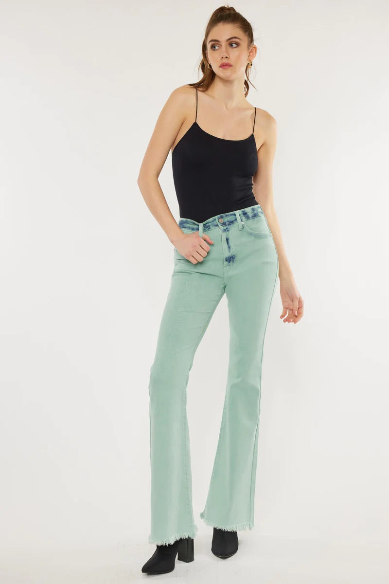 Kancan Nikki High Rise Flare Jeans Colored Denim in Mint / Green Mix