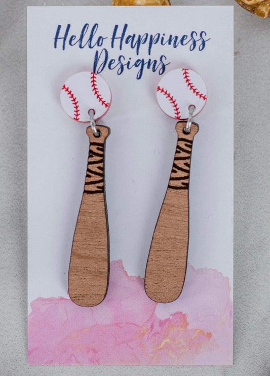 Baseball Earrings - Baseball & Bat Drop Acrylic & Wood Dangles - Handmade